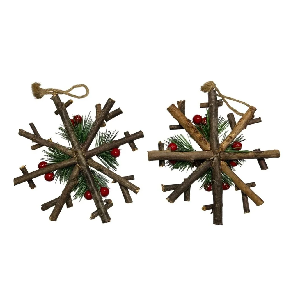 Set of 2 Rustic Twig Snowflake Ornaments Pinecone Berry Christmas Decor 6.5